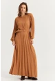 Kadın Camel Kemerli Plili Maxi Elbise ALZ500