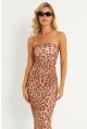 Kadın Camel Leopar Desenli Midi Straplez Yılbaşı Elbise XC001