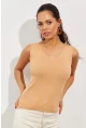 Kadın Camel Merdiven Yaka Triko Bluz YV83