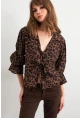 Kadın Camel-Siyah Bağlama Detaylı Leopar Gömlek FS9340