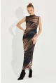 Kadın Camel-Siyah Desenli Maxi Tül Elbise RMZ21181