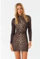 Kadın Camel-Siyah Drapeli Mini Leopar Elbise DMR386