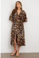 Kadın Camel-Siyah Kruvaze Leopar Midi Elbise KAB306