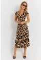 Kadın Camel-Siyah Kuruvaze Bağlamalı Leopar Desenli Midi Elbise EY2896