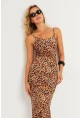 Kadın Camel-Siyah Leopar Askılı Maxi Yılbaşı Elbise GÇ184