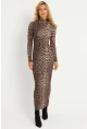 Kadın Camel-Siyah Leopar Desenli Maxi Yılbaşı Elbise LİK07