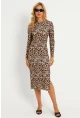 Kadın Camel-Siyah Leopar Desenli Midi Elbise YLE31