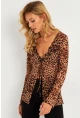 Kadın Camel-Siyah Leopar Desenli Tül  Bluz GÇ175