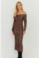 Kadın Camel-Siyah Leopar Madonna Midi Elbise RMZ21254