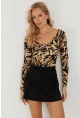 Kadın Camel-Siyah Ön Arka U Zebra Desenli Bluz LPP1266