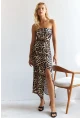 Kadın Camel-Siyah Önü Büzgülü Leopar Midi Elbise HC1591