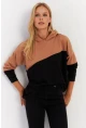 Kadın Camel-Siyah Renk Bloklu Kapüşonlu Sweatshirt DA148
