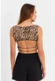 Kadın Camel-Siyah Sırtı Açık Leopar Crop Bluz ZH138