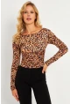 Kadın Camel-Siyah Sırtı Açık Leopar Desenli Bluz GÇ187