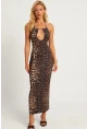 Kadın Camel-Siyah Sırtı Açık Leopar Midi Elbise MEN2060
