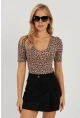 Kadın Camel-Siyah V Yaka Leopar Bluz LPP1263