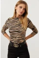Kadın Camel-Siyah Yarım Balıkçı Zebra Desen Bluz LPP1133