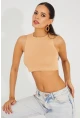 Kadın Camel Triko Crop Triko Bluz KZ2447
