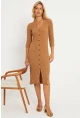 Kadın Camel Triko Midi Gömlek Elbise YV274