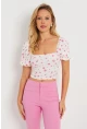 Kadın Çiçekli Crop Bluz Beyaz AYD270