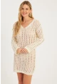 Kadın Ekru Ajurlu Triko Mini Elbise MZU605