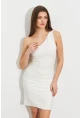 Kadın Ekru Asimetrik Yaka Astarlı Mini Elbise LİT109-1