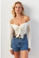 Kadın Ekru Büzgülü File Bluz OW146