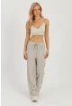 Kadın Ekru Çizgili Keten Pantolon Q986