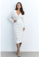 Kadın Ekru Düğme Detaylı Kuşaklı Midi Elbise MŞ1