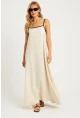 Kadın Ekru Keten Midi Elbise GÇ174