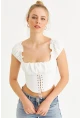 Kadın Ekru Kuş Gözlü Crop Bluz YEL221128