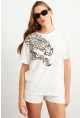 Kadın Ekru Leopar Baskılı T-Shirt FİR2137