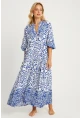 Kadın Ekru-Mavi Desenli Midi Elbise GÇ169