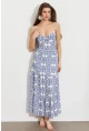 Kadın Ekru-Mavi Sırt Dekolteli Desenli Maxi Elbise LİT110