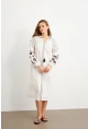 Kadın Ekru Nakışlı Balon Kol Keten Midi Elbise MQS5689-1