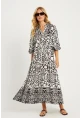 Kadın Ekru-Siyah Desenli Midi Elbise GÇ169