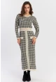 Kadın Ekru-Siyah Düğme Aksesuarlı Desenli Maxi Elbise NUV41