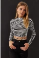 Kadın Ekru-Sıyah Sırt Dekolteli Zebra Desenli Crop Bluz LPP1131