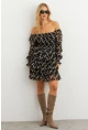 Kadın Ekru-Siyah Volanlı Şifon Mini Elbise KSD2831