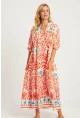 Kadın Ekru-Turuncu Desenli Midi Elbise GÇ169