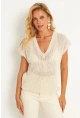 Kadın Ekru V Yaka Fileli Bluz SMT230