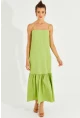 Kadın Fıstık Yeşil Eteği Volanlı Askılı Midi Elbise MEN2001