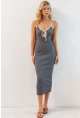 Kadın Gri Biyeli Kaşkorse Midi Elbise XL2024