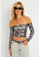 Kadın Gri Desenli Crop Bluz CG378
