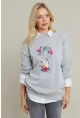 Kadın Gri-Fuşya Nakışlı Sweatshirt YLE20