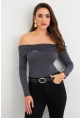 Kadın Gri Halka Aksesuarlı Madonna Yaka Crop Bluz RLO3043