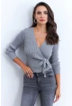 Kadın Gri Kruvaze Büzgülü Simli Bluz KED173