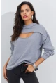 Kadın Gri Önü Pencereli Kapüşonlu Sweatshirt Yİ2486