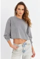 Kadın Gri Salaş Crop Sweatshirt ZH08