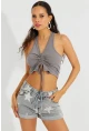 Kadın Gri Sırtı Açık Crop Bluz B2697